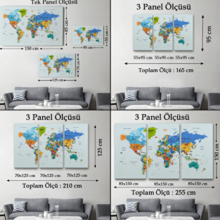 Renkli Zeminli Detaylı İngilizce Dünya Haritası, Harita Dekoratif Kanvas Tablo, Duvar Dekoru 1708