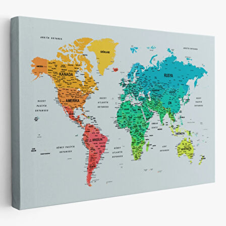 Renkli Zeminli Detaylı Türkçe Dünya Haritası, Harita Dekoratif Kanvas Tablo, Duvar Dekoru 1709