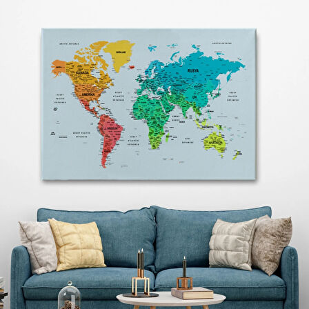 Renkli Zeminli Detaylı Türkçe Dünya Haritası, Harita Dekoratif Kanvas Tablo, Duvar Dekoru 1709