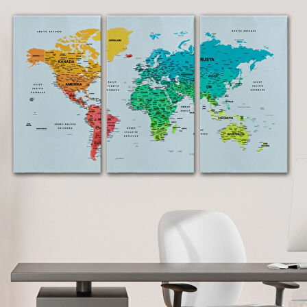 Renkli Zeminli Detaylı Türkçe Dünya Haritası, Harita Dekoratif Kanvas Tablo, Duvar Dekoru 1709