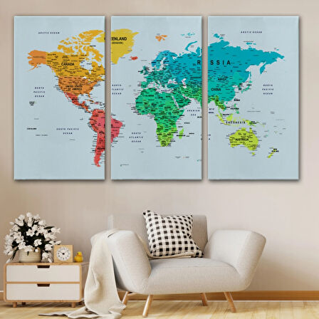 Renkli Zeminli Detaylı İngilizce Dünya Haritası, Harita Dekoratif Kanvas Tablo, Duvar Dekoru 1710