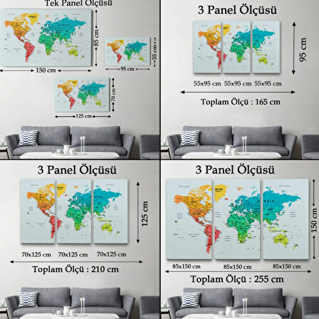 Renkli Zeminli Detaylı İngilizce Dünya Haritası, Harita Dekoratif Kanvas Tablo, Duvar Dekoru 1710