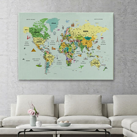 Ünlü Yerler ve Simgeleri Detaylı Türkçe Dünya Haritası Dekoratif Kanvas Tablo, Duvar Dekoru 1741