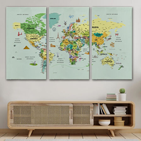 Ünlü Yerler ve Simgeleri Detaylı Türkçe Dünya Haritası Dekoratif Kanvas Tablo, Duvar Dekoru 1741