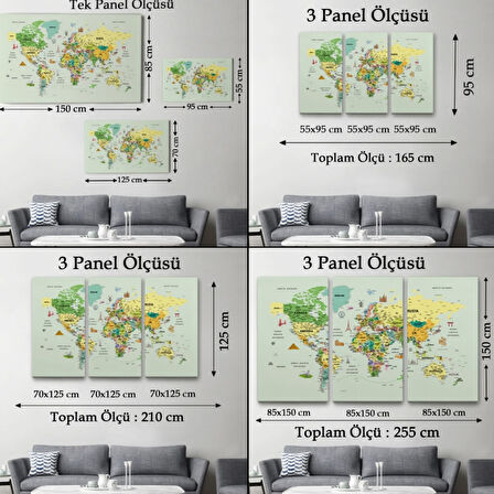 Ünlü Yerler ve Simgeleri Detaylı Türkçe Dünya Haritası Dekoratif Kanvas Tablo, Duvar Dekoru 1741