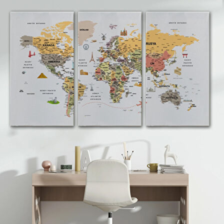 Ünlü Yerler Sembollü Detaylı Türkçe Dünya Haritası Dekoratif Kanvas Tablo, Duvar Dekoru 1747