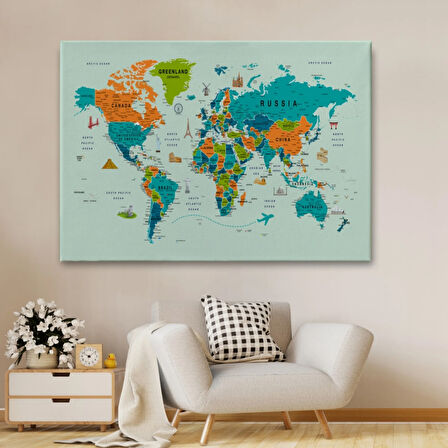 Ünlü Yerler ve Simgeleri Detay İngilizce Dünya Haritası Dekoratif Kanvas Tablo, Duvar Dekoru 1750