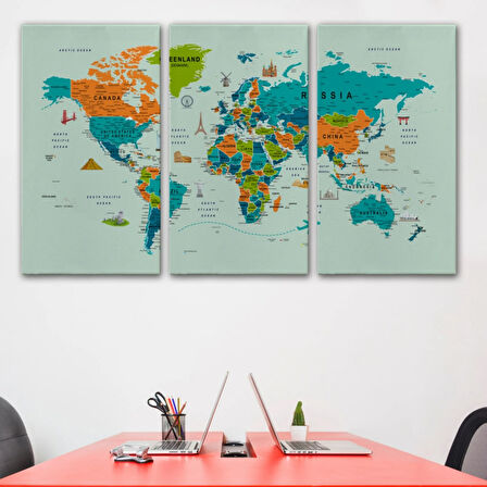 Ünlü Yerler ve Simgeleri Detay İngilizce Dünya Haritası Dekoratif Kanvas Tablo, Duvar Dekoru 1750