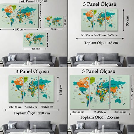 Ünlü Yerler ve Simgeleri Detay İngilizce Dünya Haritası Dekoratif Kanvas Tablo, Duvar Dekoru 1750