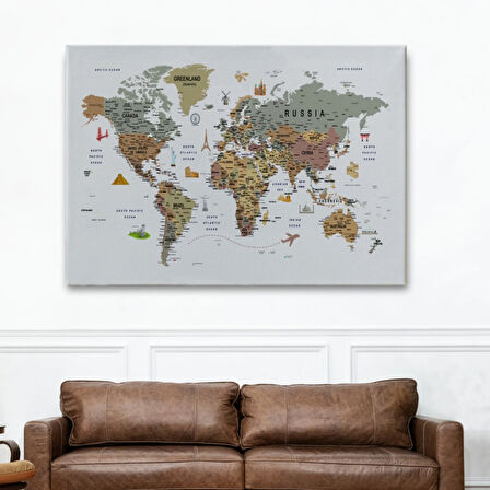 Ünlü Yerler ve Simgeleri Detay İngilizce Dünya Haritası Dekoratif Kanvas Tablo, Duvar Dekoru 1774