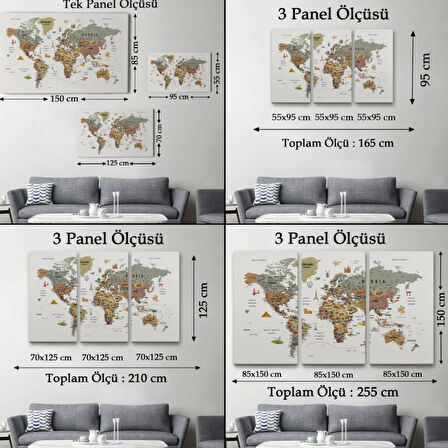 Ünlü Yerler ve Simgeleri Detay İngilizce Dünya Haritası Dekoratif Kanvas Tablo, Duvar Dekoru 1774