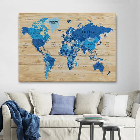 Detaylı Ahşap Görünümlü İngilizce Dünya Haritası Dekoratif Kanvas Tablo, Duvar Dekoru 1788