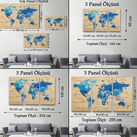 Detaylı Ahşap Görünümlü İngilizce Dünya Haritası Dekoratif Kanvas Tablo, Duvar Dekoru 1788