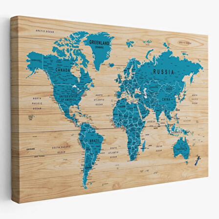 Detaylı Ahşap Görünümlü İngilizce Dünya Haritası Dekoratif Kanvas Tablo, Duvar Dekoru 1789