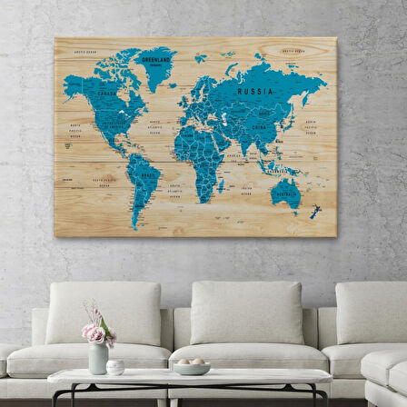 Detaylı Ahşap Görünümlü İngilizce Dünya Haritası Dekoratif Kanvas Tablo, Duvar Dekoru 1789