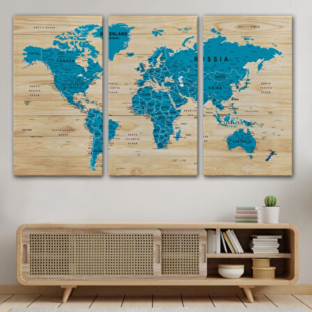 Detaylı Ahşap Görünümlü İngilizce Dünya Haritası Dekoratif Kanvas Tablo, Duvar Dekoru 1789