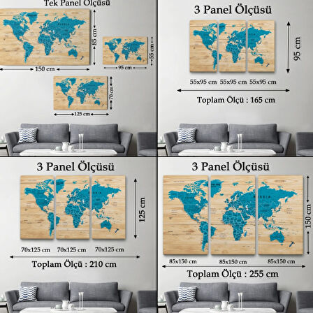 Detaylı Ahşap Görünümlü İngilizce Dünya Haritası Dekoratif Kanvas Tablo, Duvar Dekoru 1789