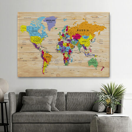 Detaylı Ahşap Görünümlü İngilizce Dünya Haritası Dekoratif Kanvas Tablo, Duvar Dekoru 1790