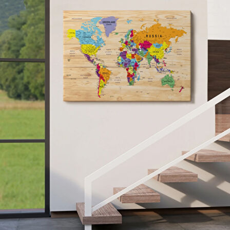 Detaylı Ahşap Görünümlü İngilizce Dünya Haritası Dekoratif Kanvas Tablo, Duvar Dekoru 1790