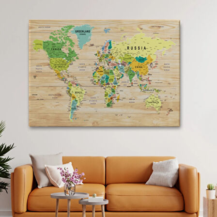 Detaylı Ahşap Görünümlü İngilizce Dünya Haritası Dekoratif Kanvas Tablo, Duvar Dekoru 1791