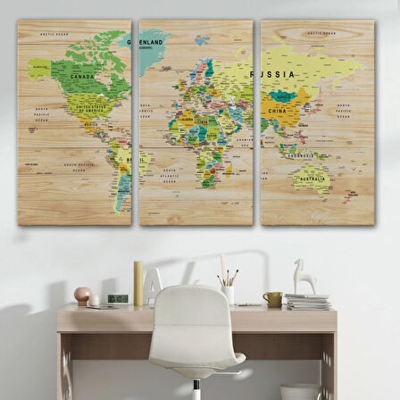 Detaylı Ahşap Görünümlü İngilizce Dünya Haritası Dekoratif Kanvas Tablo, Duvar Dekoru 1791