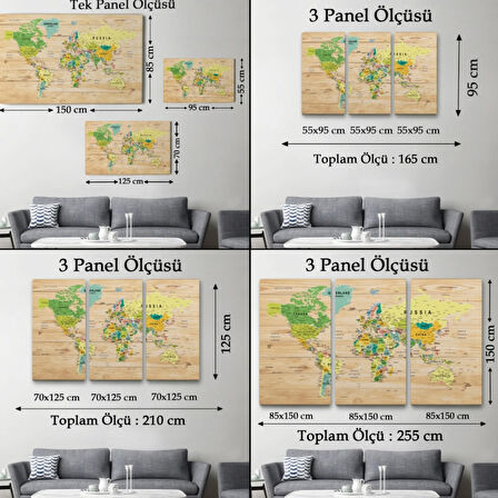 Detaylı Ahşap Görünümlü İngilizce Dünya Haritası Dekoratif Kanvas Tablo, Duvar Dekoru 1791