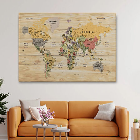 Detaylı Ahşap Görünümlü İngilizce Dünya Haritası Dekoratif Kanvas Tablo, Duvar Dekoru 1800