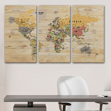 Detaylı Ahşap Görünümlü İngilizce Dünya Haritası Dekoratif Kanvas Tablo, Duvar Dekoru 1800