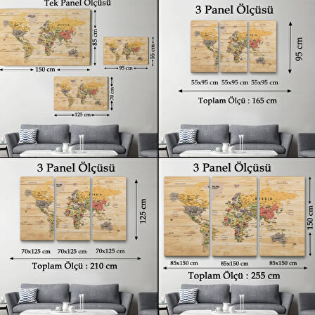 Detaylı Ahşap Görünümlü İngilizce Dünya Haritası Dekoratif Kanvas Tablo, Duvar Dekoru 1800