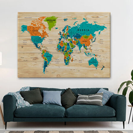 Detaylı Ahşap Görünümlü İngilizce Dünya Haritası Dekoratif Kanvas Tablo, Duvar Dekoru 1801