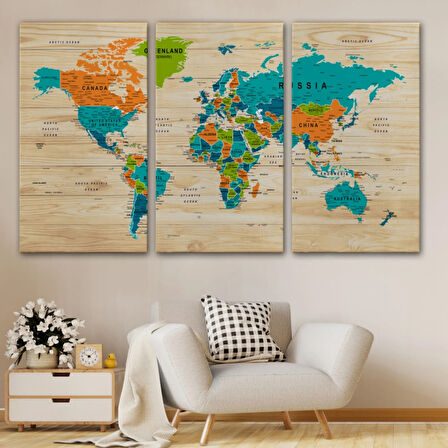 Detaylı Ahşap Görünümlü İngilizce Dünya Haritası Dekoratif Kanvas Tablo, Duvar Dekoru 1801