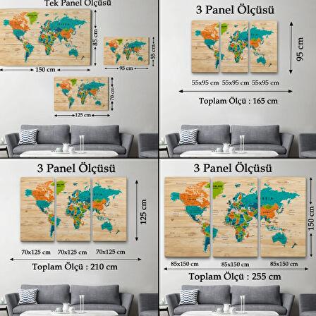 Detaylı Ahşap Görünümlü İngilizce Dünya Haritası Dekoratif Kanvas Tablo, Duvar Dekoru 1801