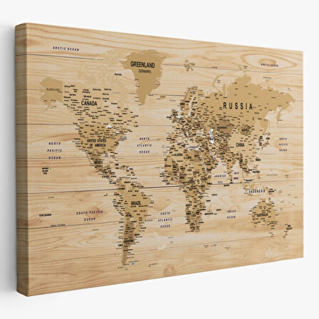 Detaylı Ahşap Görünümlü İngilizce Dünya Haritası Dekoratif Kanvas Tablo, Duvar Dekoru 1810