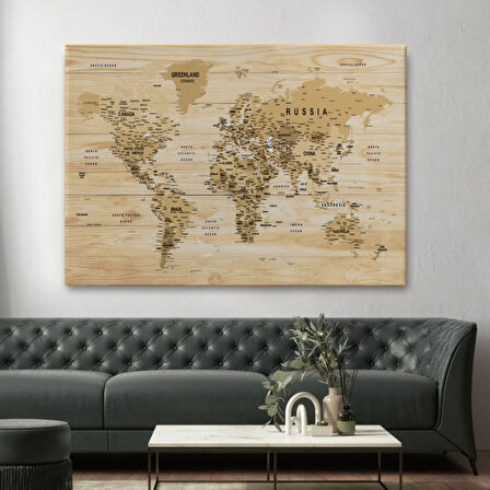 Detaylı Ahşap Görünümlü İngilizce Dünya Haritası Dekoratif Kanvas Tablo, Duvar Dekoru 1810