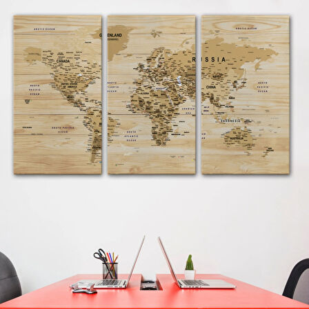 Detaylı Ahşap Görünümlü İngilizce Dünya Haritası Dekoratif Kanvas Tablo, Duvar Dekoru 1810