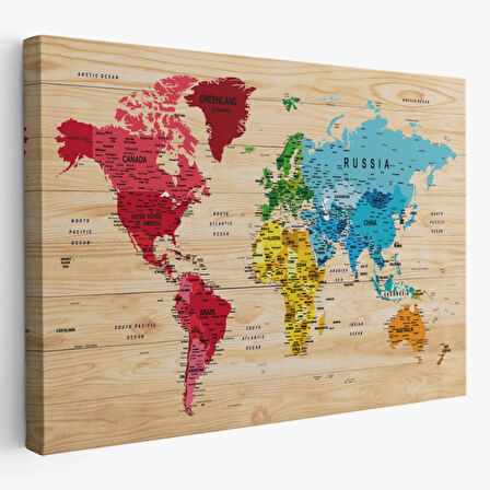 Detaylı Ahşap Görünümlü İngilizce Dünya Haritası Dekoratif Kanvas Tablo, Duvar Dekoru 1812