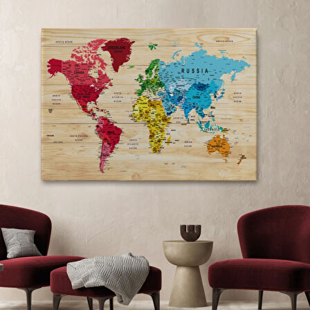 Detaylı Ahşap Görünümlü İngilizce Dünya Haritası Dekoratif Kanvas Tablo, Duvar Dekoru 1812