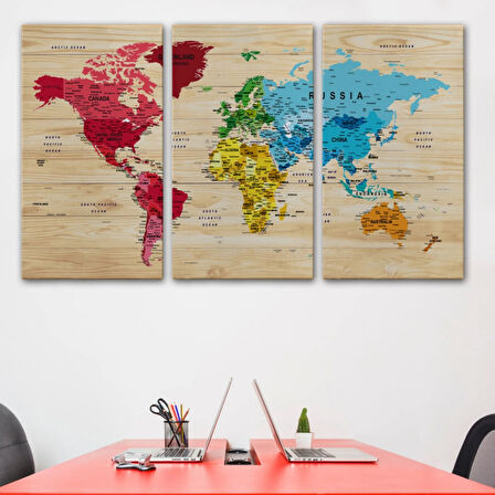 Detaylı Ahşap Görünümlü İngilizce Dünya Haritası Dekoratif Kanvas Tablo, Duvar Dekoru 1812