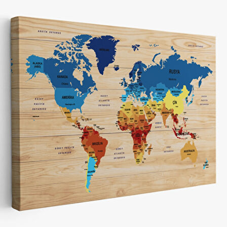 Ülke Başkentli Ahşap Görünümlü Türkçe Dünya Haritası Dekoratif Kanvas Tablo, Duvar Dekoru 1820