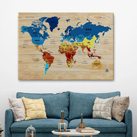 Ülke Başkentli Ahşap Görünümlü Türkçe Dünya Haritası Dekoratif Kanvas Tablo, Duvar Dekoru 1820