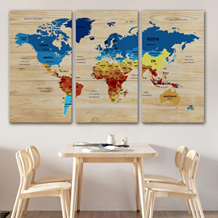 Ülke Başkentli Ahşap Görünümlü Türkçe Dünya Haritası Dekoratif Kanvas Tablo, Duvar Dekoru 1820