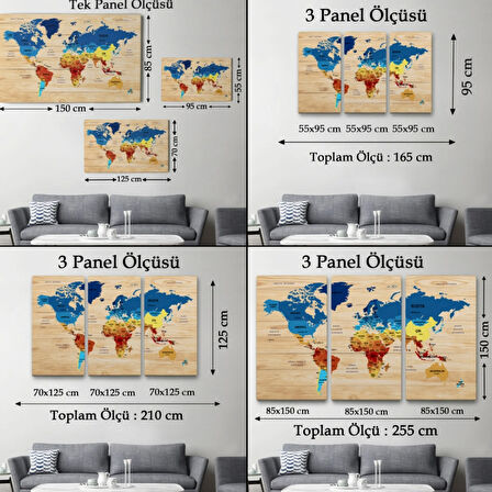 Ülke Başkentli Ahşap Görünümlü Türkçe Dünya Haritası Dekoratif Kanvas Tablo, Duvar Dekoru 1820
