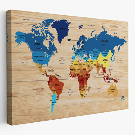 Ülke Başkentli Ahşap Görünümlü İngilizce Dünya Haritası Dekoratif Kanvas Tablo, Duvar Dekoru 1821
