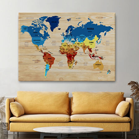 Ülke Başkentli Ahşap Görünümlü İngilizce Dünya Haritası Dekoratif Kanvas Tablo, Duvar Dekoru 1821