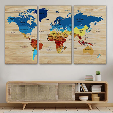 Ülke Başkentli Ahşap Görünümlü İngilizce Dünya Haritası Dekoratif Kanvas Tablo, Duvar Dekoru 1821