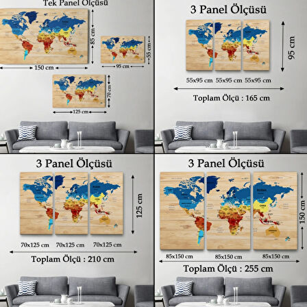Ülke Başkentli Ahşap Görünümlü İngilizce Dünya Haritası Dekoratif Kanvas Tablo, Duvar Dekoru 1821