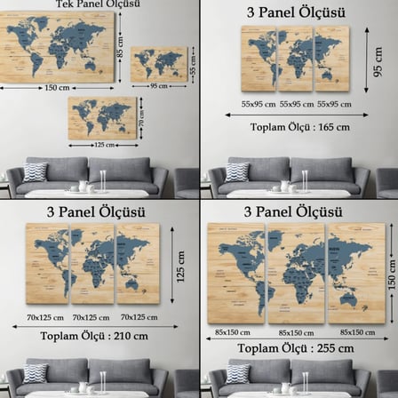 Ülke Başkentli Ahşap Görünümlü Türkçe Dünya Haritası Dekoratif Kanvas Tablo, Duvar Dekoru 1842