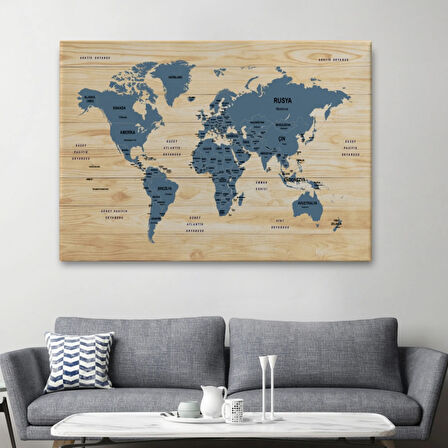 Ülke Başkentli Ahşap Görünümlü Türkçe Dünya Haritası Dekoratif Kanvas Tablo, Duvar Dekoru 1842