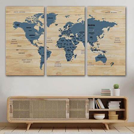 Ülke Başkentli Ahşap Görünümlü Türkçe Dünya Haritası Dekoratif Kanvas Tablo, Duvar Dekoru 1842