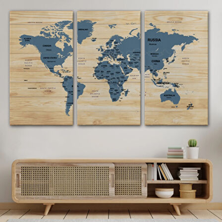 Ülke Başkentli Ahşap Görünümlü İngilizce Dünya Haritası Dekoratif Kanvas Tablo, Duvar Dekoru 1843